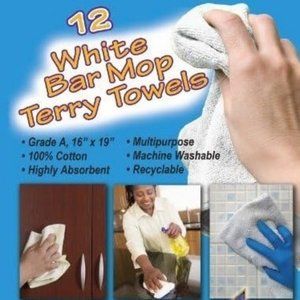 White Cotton Bar Mops, Terry Towels, 16" X 19" 1 Dozen Package Multi Use